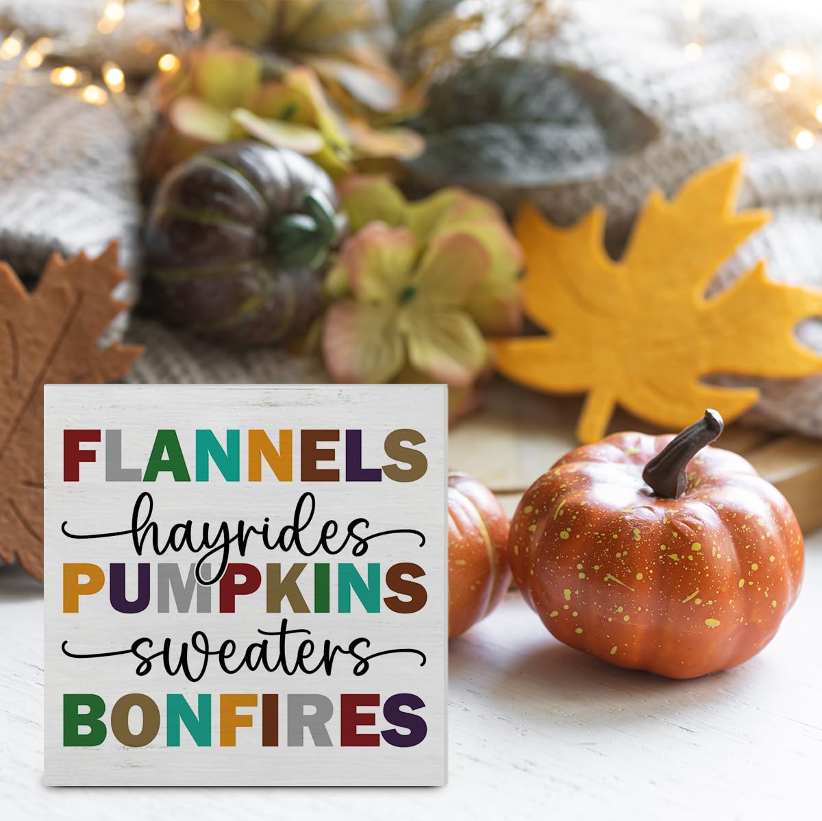 Fall Home Decor Autumn Wood Plaque Block Sign Farmhouse Fall Decorations for Desk Table Shelf 5 X 5 Inches