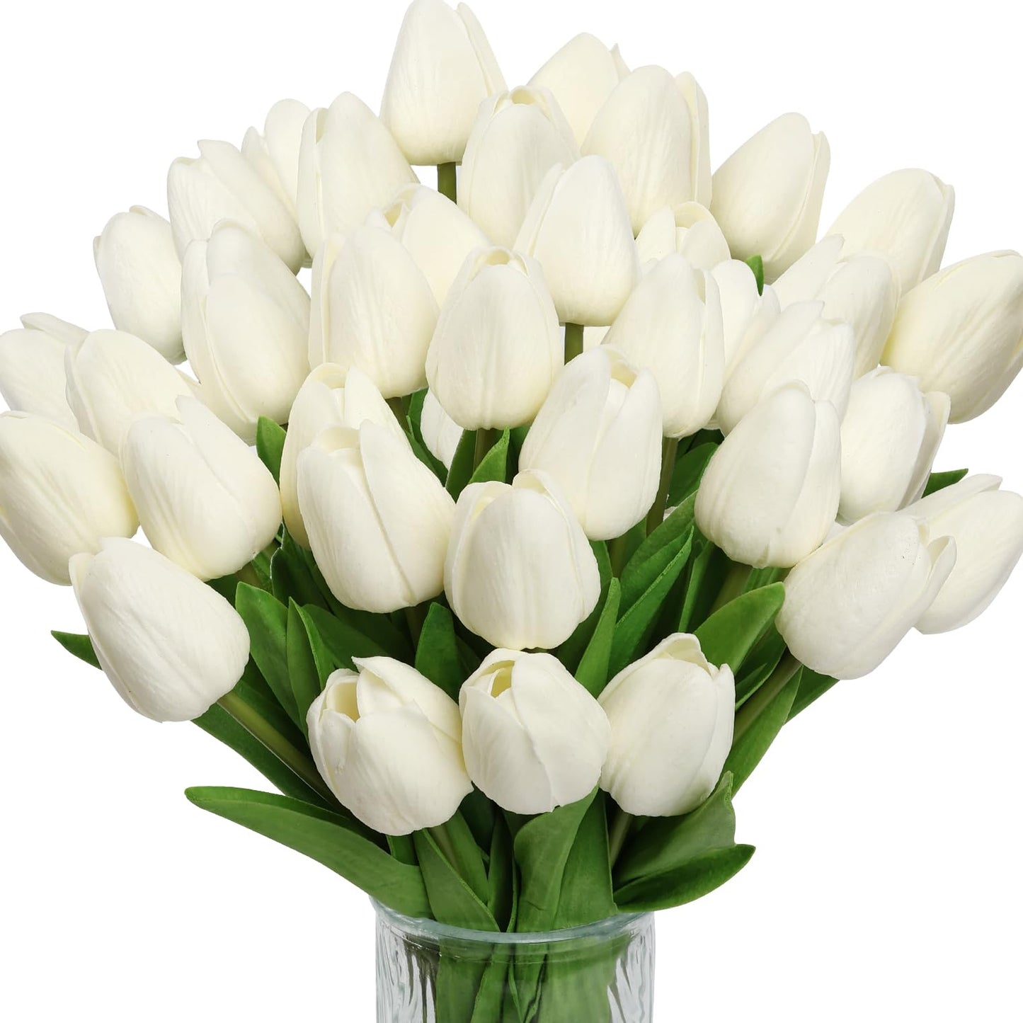Achairder 30pcs Tulips Artificial Flowers, Artificial Latex Real Touch Tulips Flowers Bouquet for Mother's Day Easter Wedding Party Home Decor-White