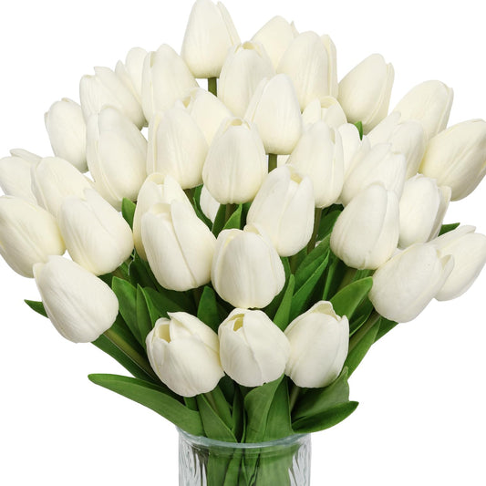 Achairder 30pcs Tulips Artificial Flowers, Artificial Latex Real Touch Tulips Flowers Bouquet for Mother's Day Easter Wedding Party Home Decor-White