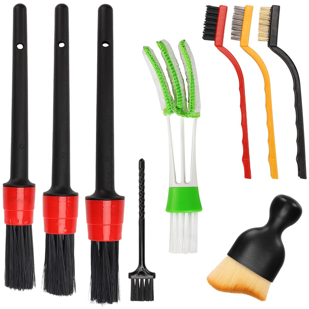 Auto Car Detailing Brush Set Car Interior Cleaning Kit Includes 3 Boar Hair Detail Brush,3 Wire Brush, 3 Air Vent Brush for Cleaning Car Interior Exterior, Dashboard Engines Leather Wheel