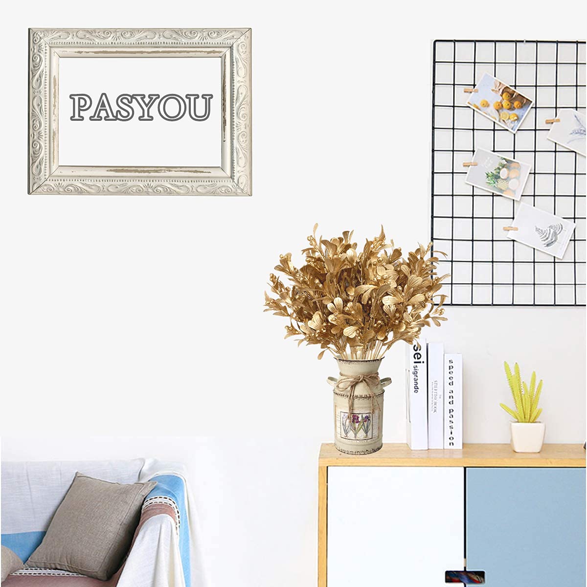 PASYOU Fake Plants Christmas Decorations, Golden Artificial Flowers Plastic Grass Shrubs Leaves Indoor Outdoor Home Garden Party Hotel Verandah Wedding Event Bouquet Faux DIY Decor - Gold 4 Pack