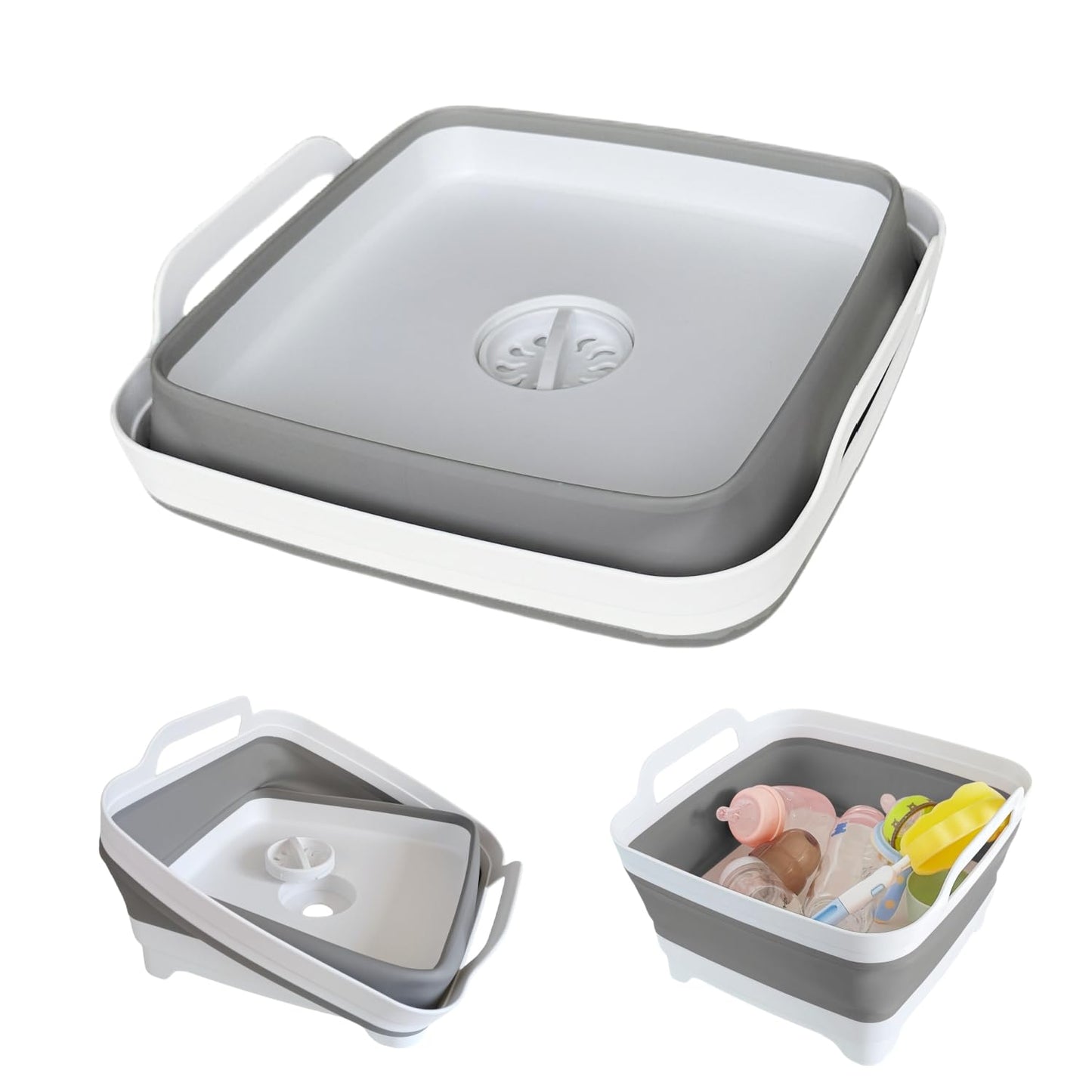 Collapsible Wash Basin for Baby Bottles - 2.4 Gallons Portable Wash Bin for RV Camping Sink, Space-Saving Dish Tub (Gray)