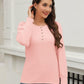Minetom Women's Long Sleeve Henley Tops Smocked Puff Sleeve Tops Casual Shirts Blouses Pink
