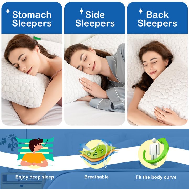SUPA MODERN Cooling Bed Pillows for Sleeping 2 Pack Shredded Memory Foam Pillows Queen Size Set of 2, Adjustable Cool Pillow for Side Back Stomach Sleepers Luxury firm Gel Pillows for Neck Pain Relief