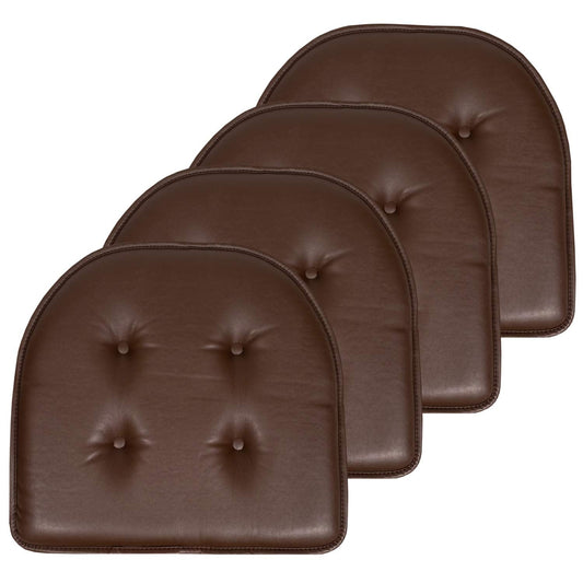 Sweet Home Collection Chair Cushion Memory Foam Pads Tufted Slip Non Skid Rubber Back U-Shaped Seat Cover, 4 Pack, Faux Leather Chocolate Brown 4 Count