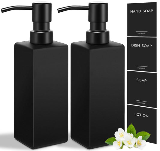 GMISUN Black Soap Dispenser, Hand Soap Dispenser Bathroom, 12oz Glass Soap Dispenser with Stainless Steel Pump, Liquid Dish Soap Dispenser for Kitchen, Modern Bathroom/Kitchen Soap Dispenser Set