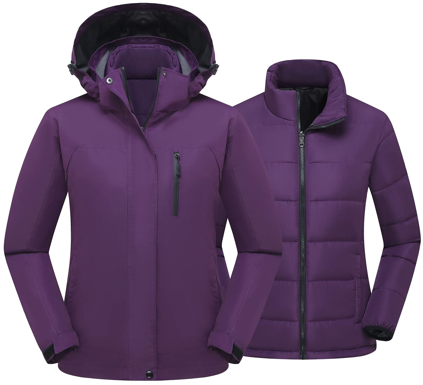 PTSOC Women's 3 in 1 Waterproof Ski Jacket Warm Winter Snow Coat Windproof Hooded Snowboarding Raincoat Purple Medium