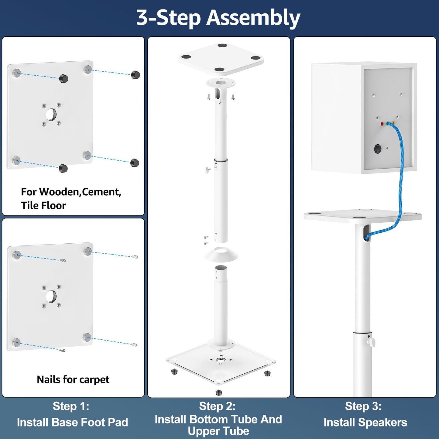 MOUNTUP Universal Speaker Stands Pair 28.3" to 37.4" Height Adjustable Floor Speaker Stands, Holds Bookshelf & Satellite Speaker Large Speaker, Up to 22LBS Cable Concealing 9.8" Plate White MU9132W-L