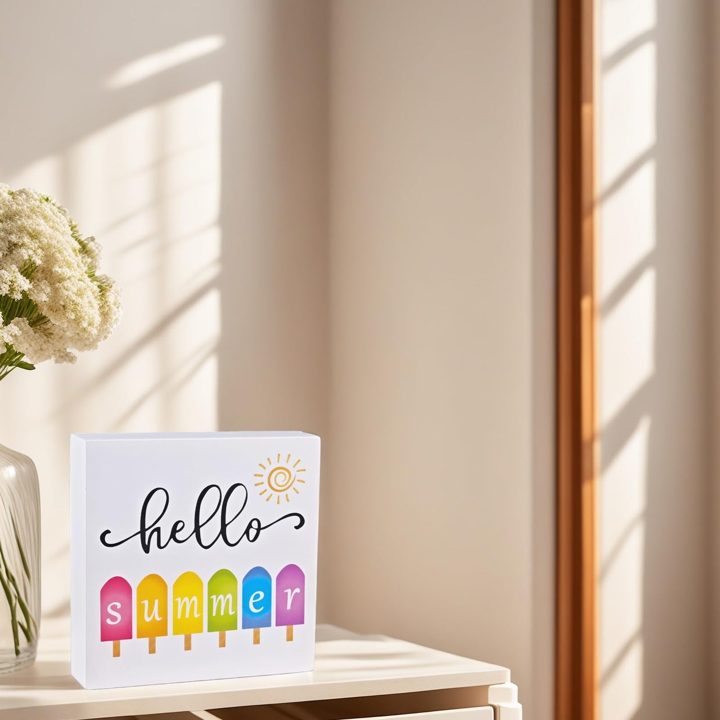Summer Decor Summer Decorations for Home Popsicle Wood Box Sign Rustic Wooden Shelf Desk Decor Season House Warming Gifts 5.9 x 5.9 Inch