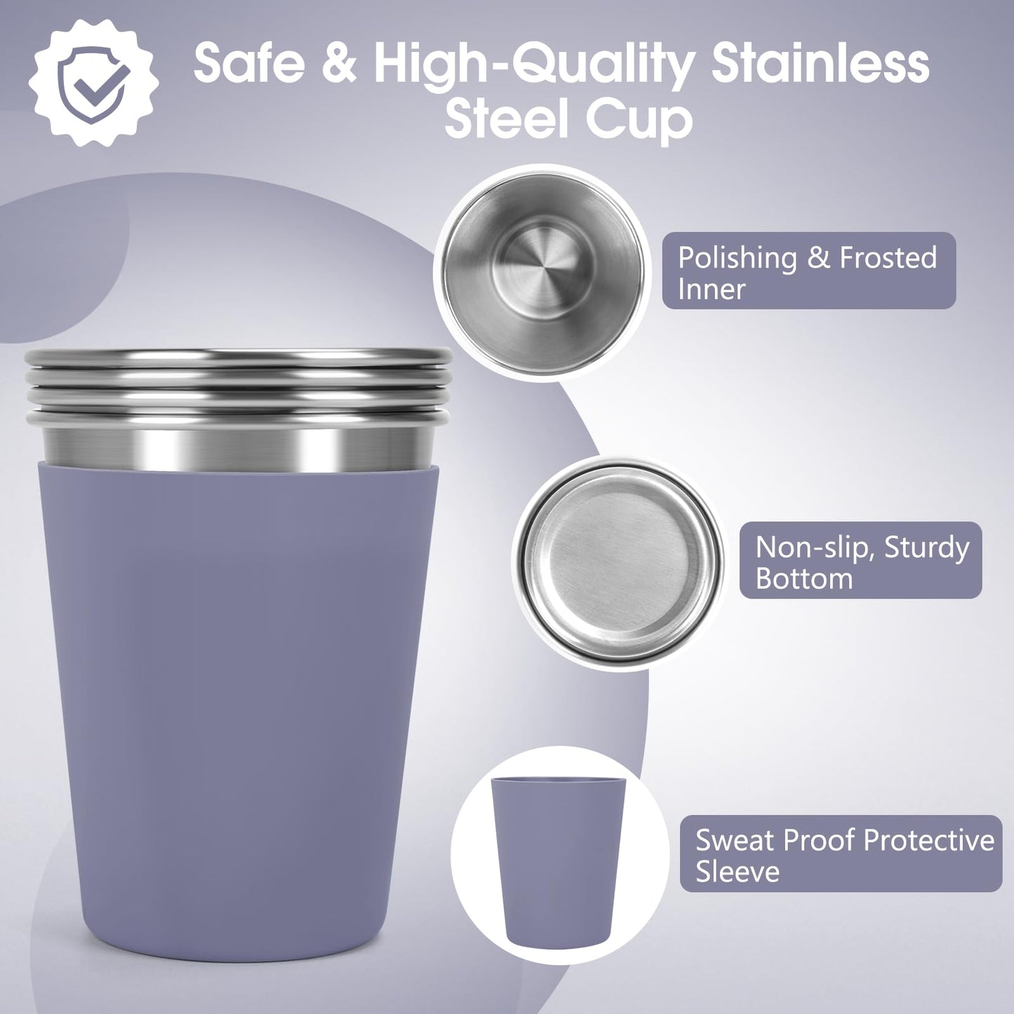 Vermida Stainless Steel Cups for Kids and Toddlers, 12oz Stackable Stainless Steel Kids Cups with Silicone Sleeves Sweat Proof, Unbreakable Metal Cups for Home & Outdoor, BPA Free (4 Pack)