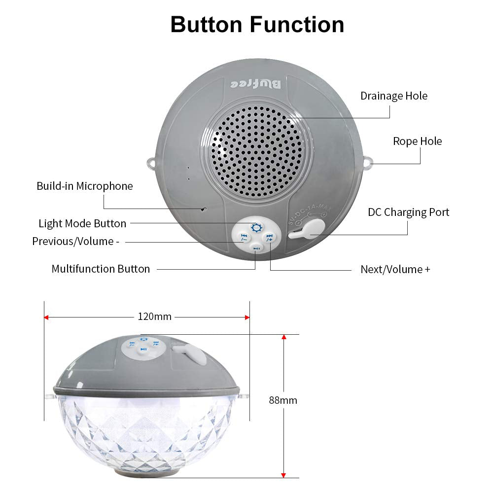 Floating Pool Speakers with Colorful Lights, IP68 Waterproof Bluetooth Speaker for Pool, Crystal Clear Sound Hot Tub Speaker for Pool, Spa and Outdoor