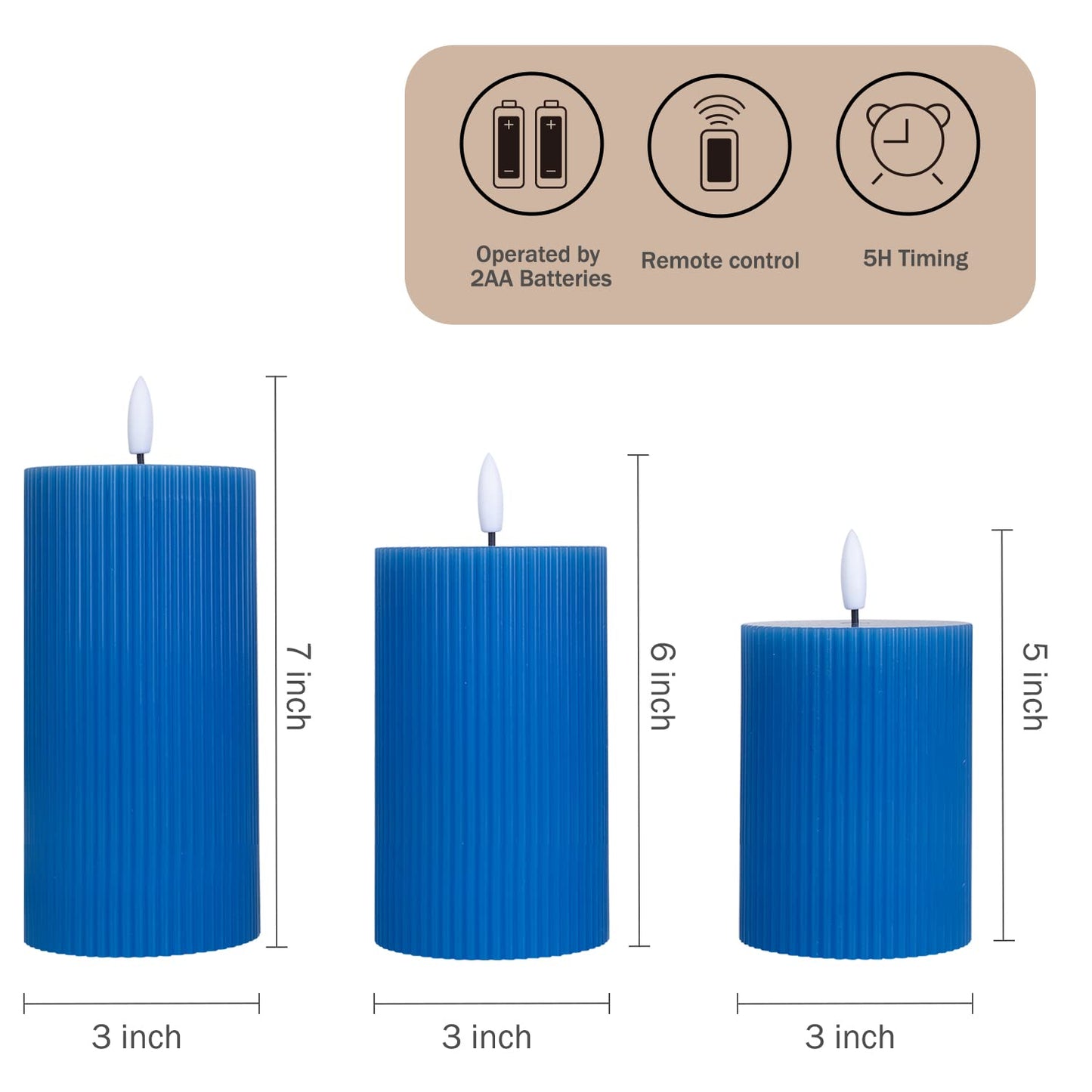 BEMOMENT LED Flickering Flameless Candles, Battery Operated LED Candles with10-Key Remote Control, Set of 3 (Dark Blue)