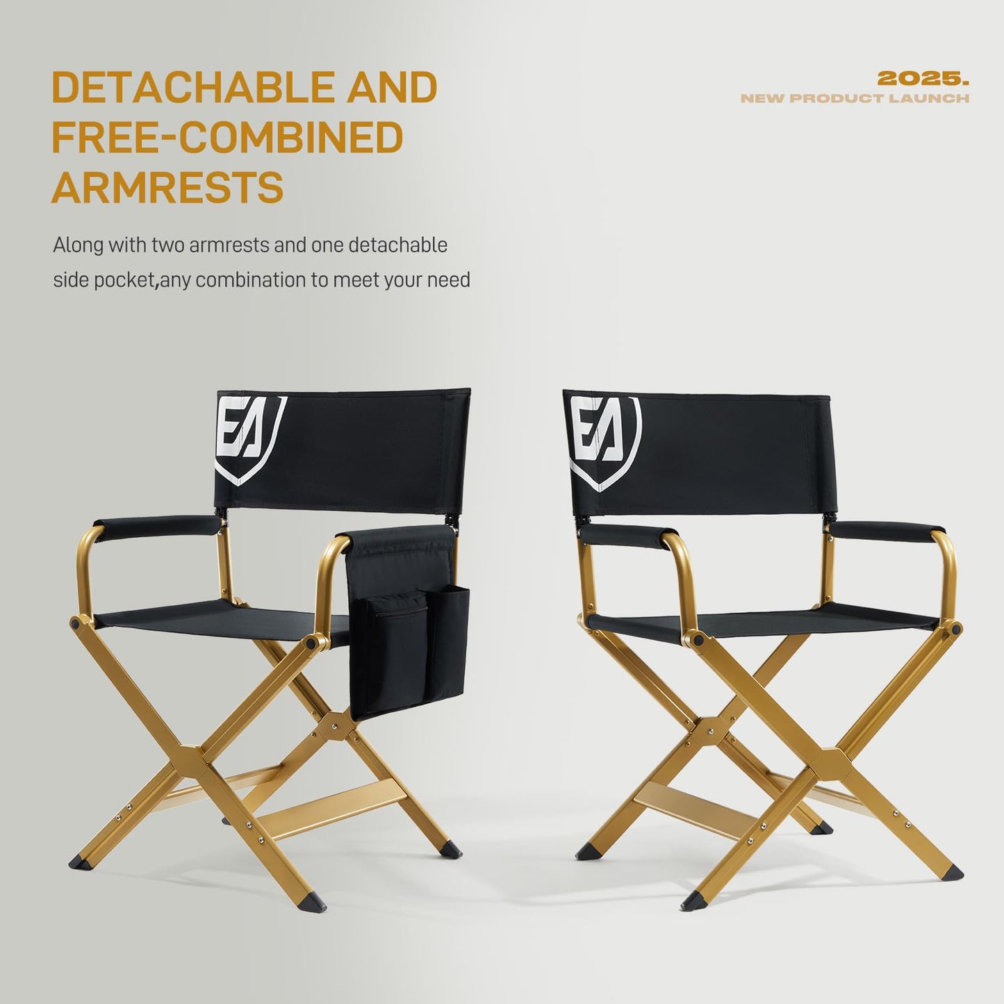 EVER ADVANCED Aluminum Directors Chair, Folding Studio Movie Chairs Camping Event Vendor Chair, 19" Seat Height Black Fabric/Golden Frame, Support 350lbs