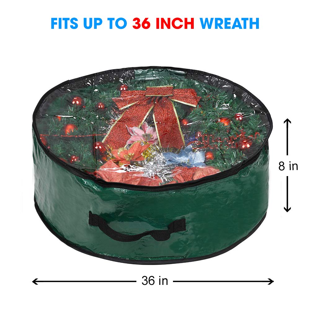 Propik Christmas Wreath Storage Bag 36" - Garland Holiday Container with Clear Window - Tear Resistant Fabric - 36" X 36" X 8" (Green)