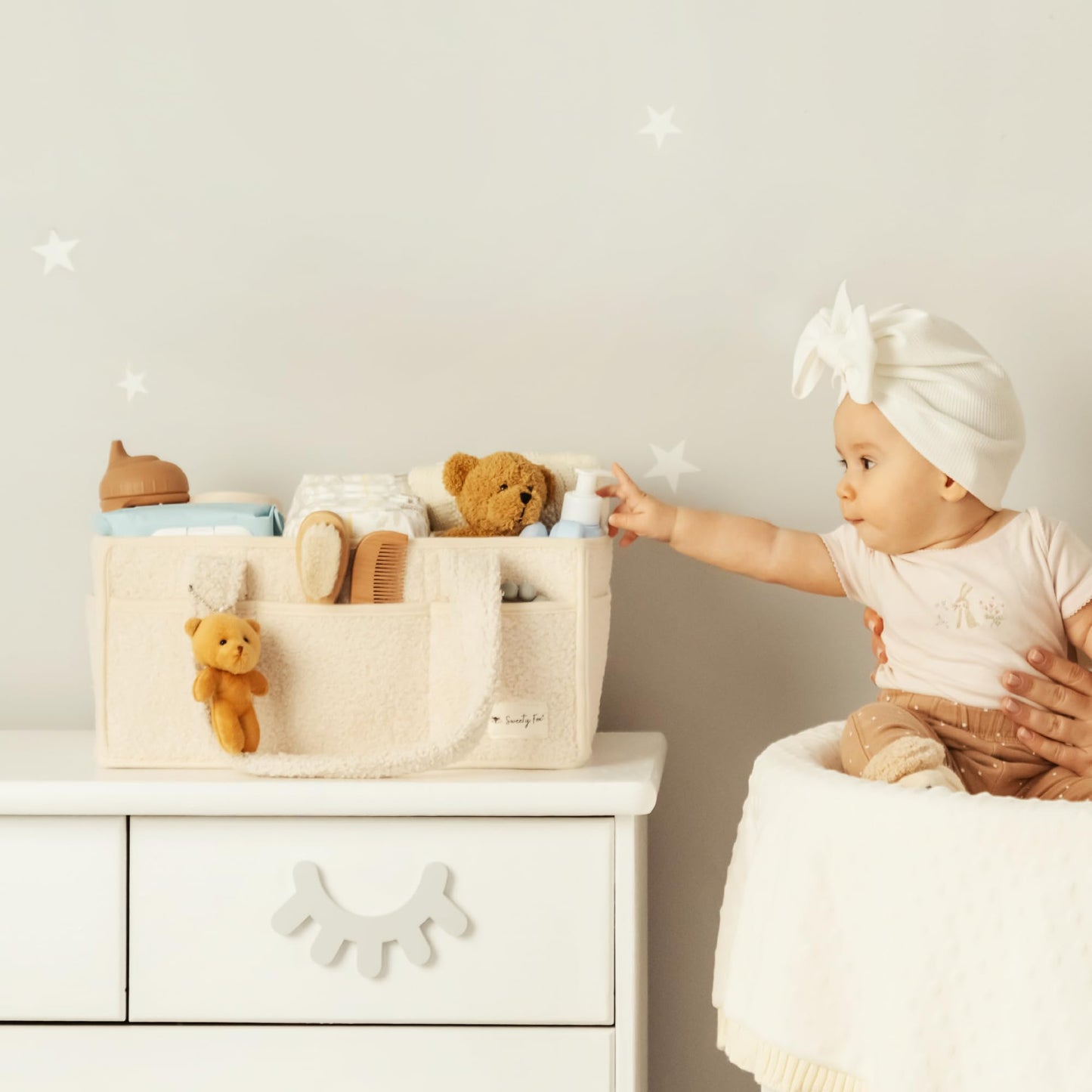 Sweety Fox Baby Diaper Caddy Organizer with Handle - Portable Sherpa Nursery Basket - Car Diaper Organizer, Cleaning Caddy, Gift for Baby Shower - Ivory