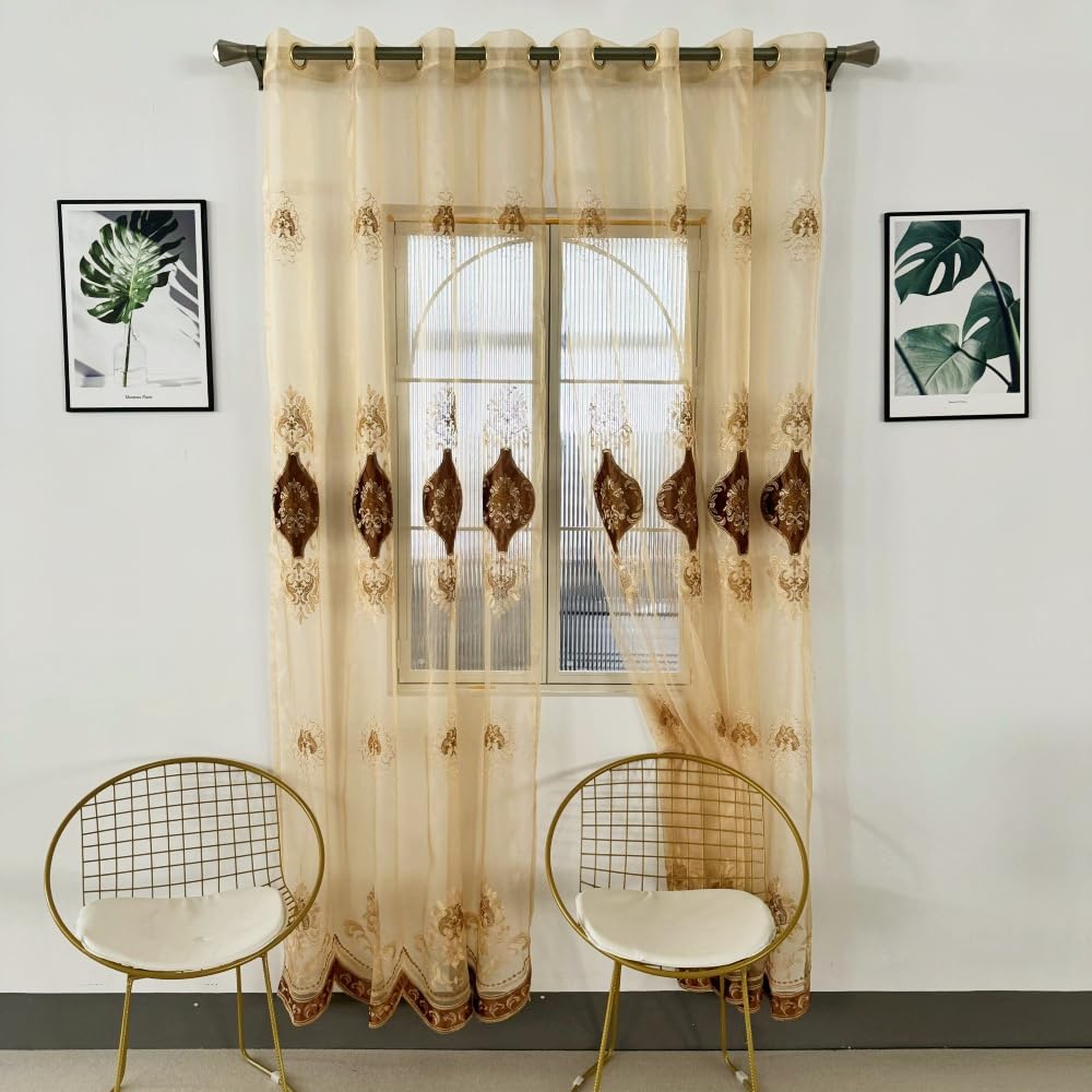 Amidoudou European Luxury Embroidered Sheer Curtains for Living Room Bedroom Tulle Curtains (2 Panels, 63 x 90 inches, Coffee)