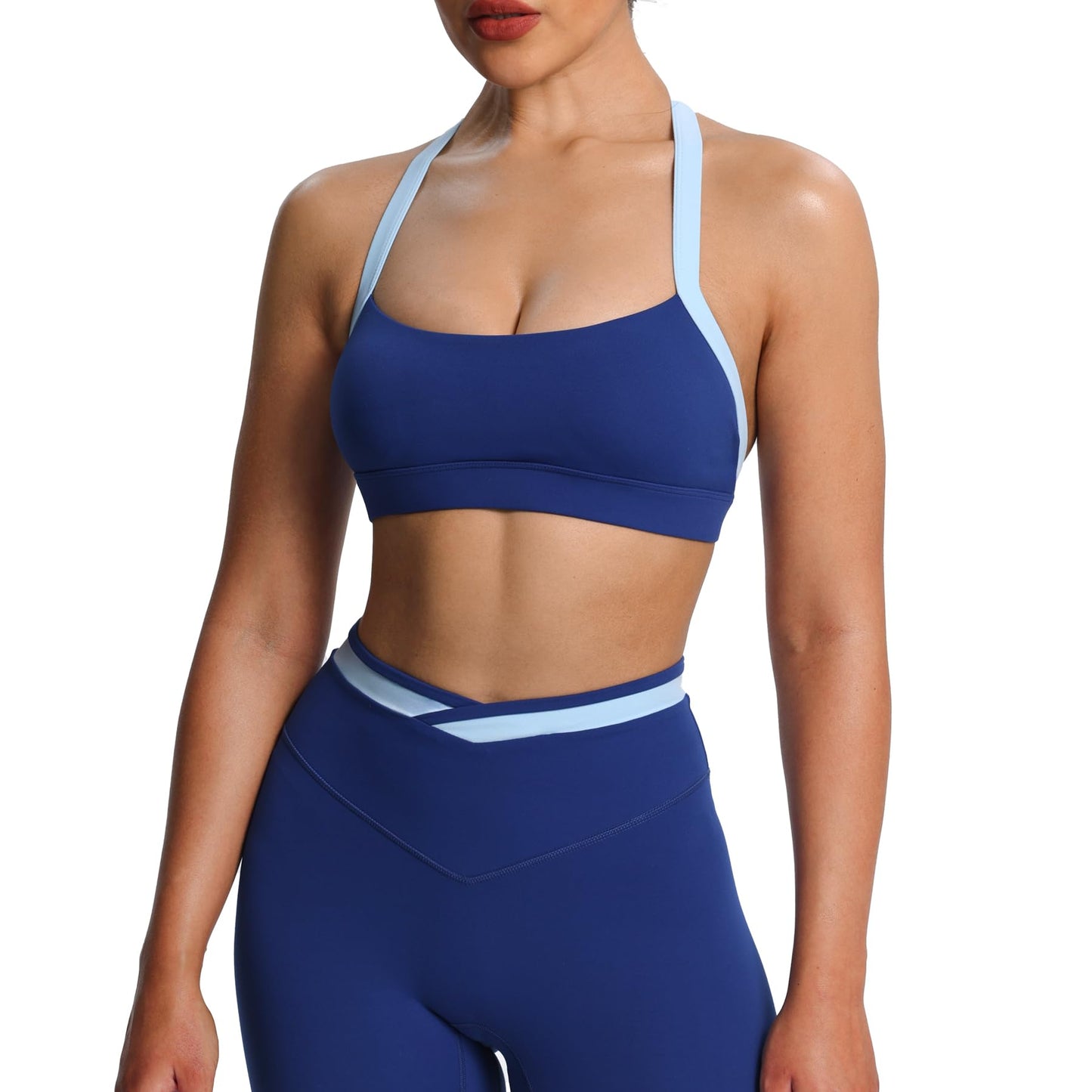 Aoxjox Women's Color Block Halter Workout Sports Bras Fitness Athletic Vanessa Bra Yoga Crop Tank (Bellwether Blue/Airy Blue, X-Large)