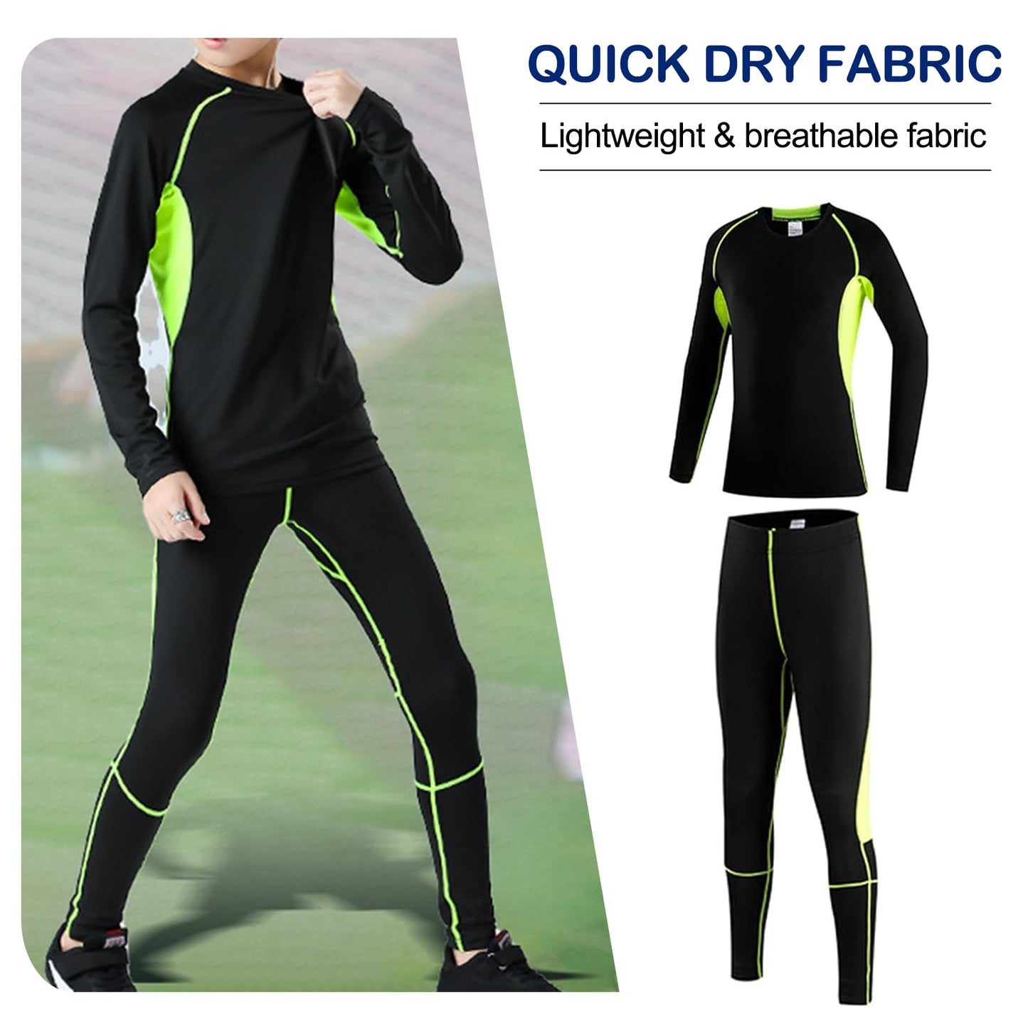 SS COLOR FISH Boys Compression Shirt Long Sleeve and Pants Set Youth Undershirts Athletic Tights Baselayer for Kids Baseball Green