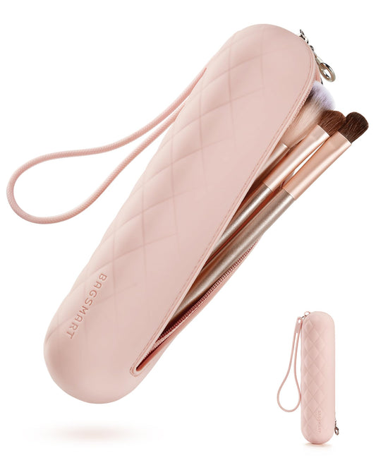 BAGSMART Makeup Brush Holder Bag, Travel Small Makeup Bag for Purse, Make Up Brush Bag Case Cosmetic Bag, Silicone Soft Portable Face Brushes Travel Essentials Organizer Holder, Pink