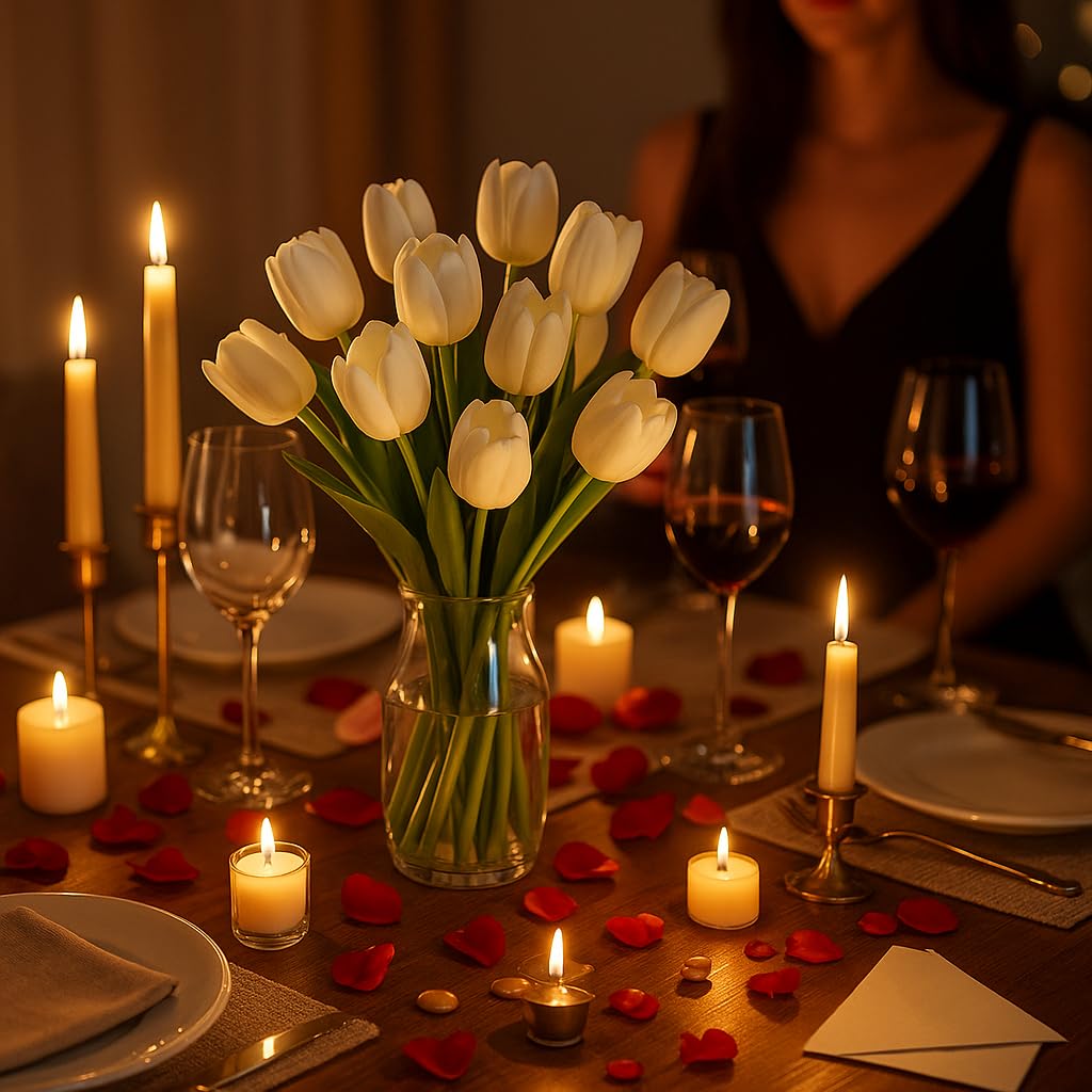 Enirunly 20pcs White Artificial Tulip Silk Fake Flowers 13.5" for Spring Easter Mother's Day Wedding Decor – Bulk Home Kitchen Office Party Supplies, Set