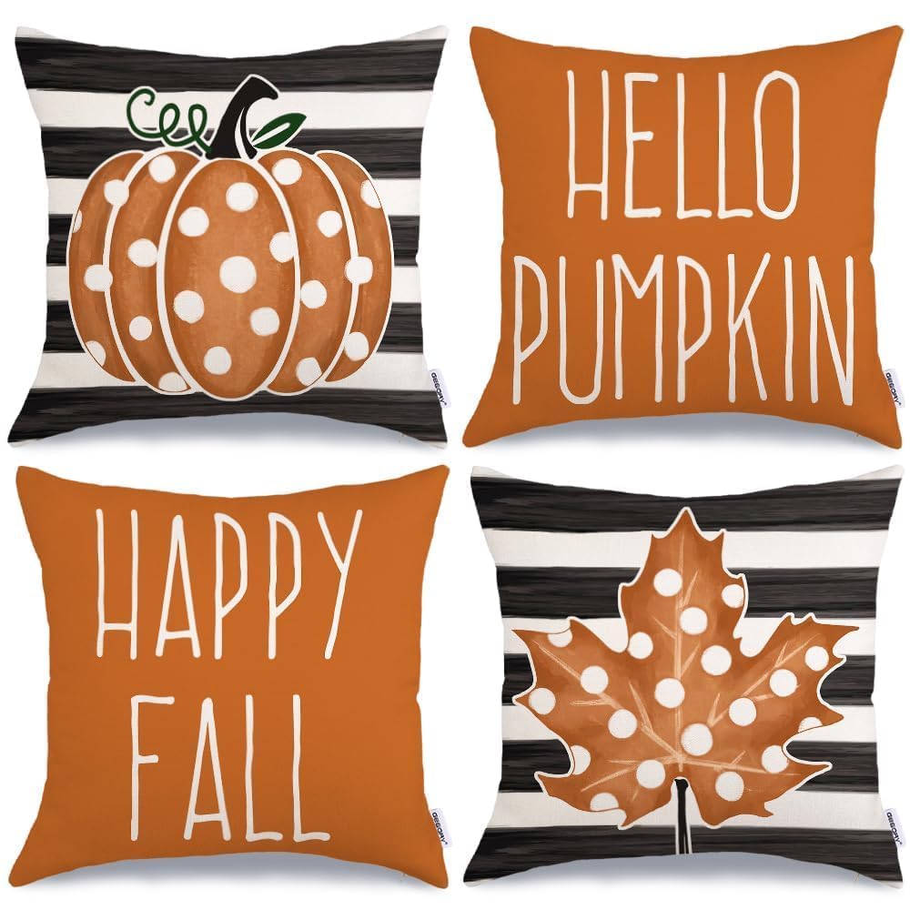 GEEORY Happy Fall Pillow Covers 18x18 Set of 4, Polka Dots Pumpkin Maple Leaves Stripes Decorative Throw Pillows Farmhouse Thanksgiving Decorations Orange Cushion Case for Couch Sofa