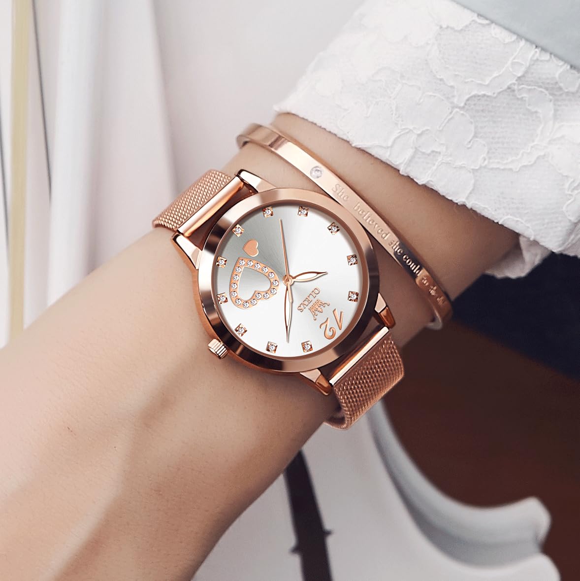 OLEVS Rose Gold Watches for Women White Face Stainless Steel Mesh Bracelet Womens Diamond Watch for Small Wrists Cute Waterproof Analog Quartz Womens Wristwatch Luminous Reloj para Mujer