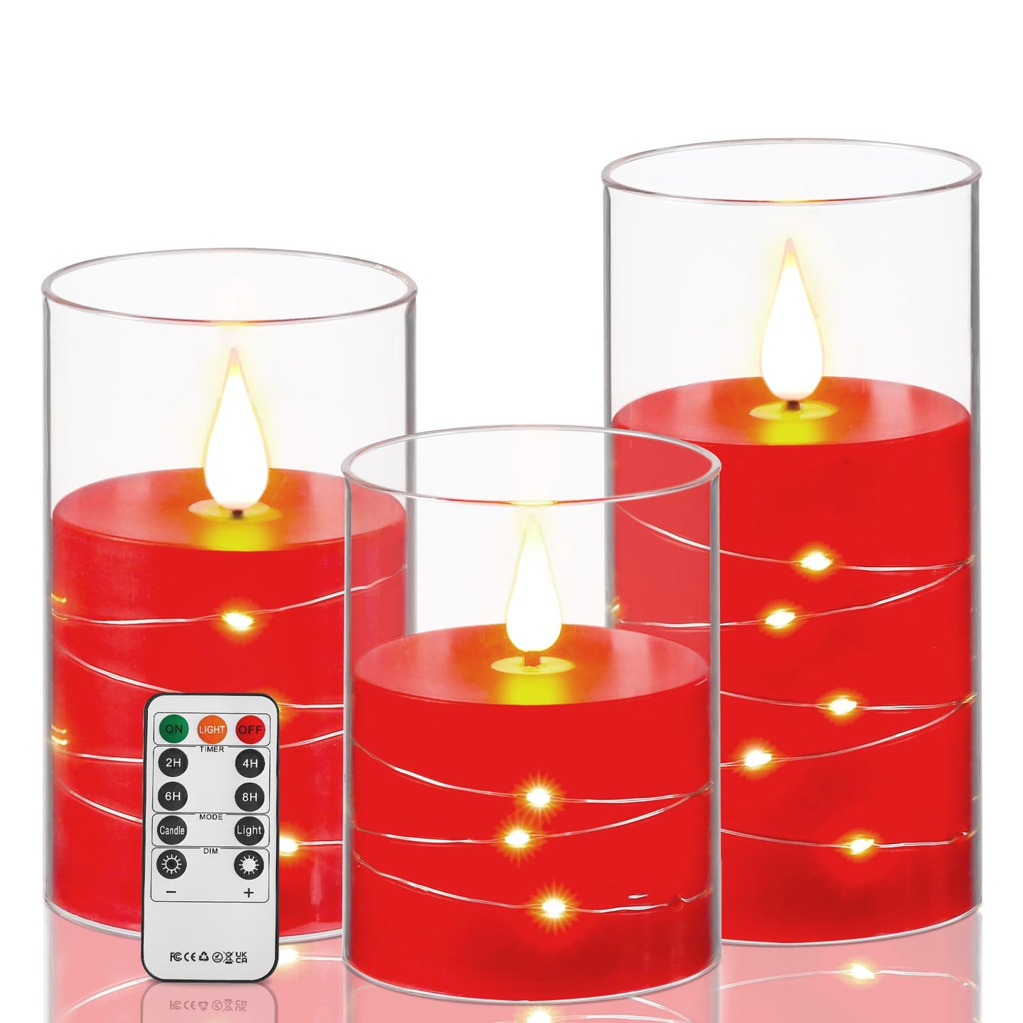 Da by Flickering Flameless Candles with Remote,Acrylic LED Candles with Embedded Star String,Battery Operated Candle, for Home and Holiday Decoration Set of 3（Red）