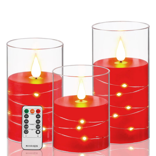 Da by Flickering Flameless Candles with Remote,Acrylic LED Candles with Embedded Star String,Battery Operated Candle, for Home and Holiday Decoration Set of 3（Red）