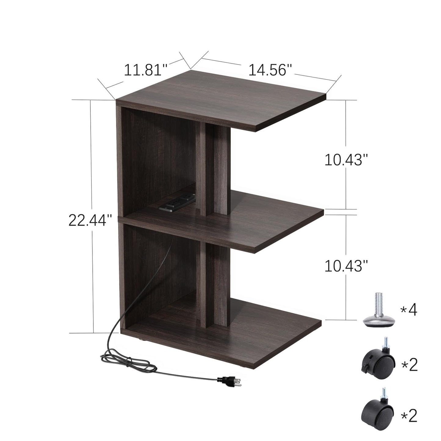 BHAODEAL 1 Pack Night Stand with Charging Station, Bedside Table for Couch, USB Ports and Outlet, Side/End Table with 3-Layer Storage Shelves for Small Spaces, Living Room, Bedroom, Bedside (Brown)