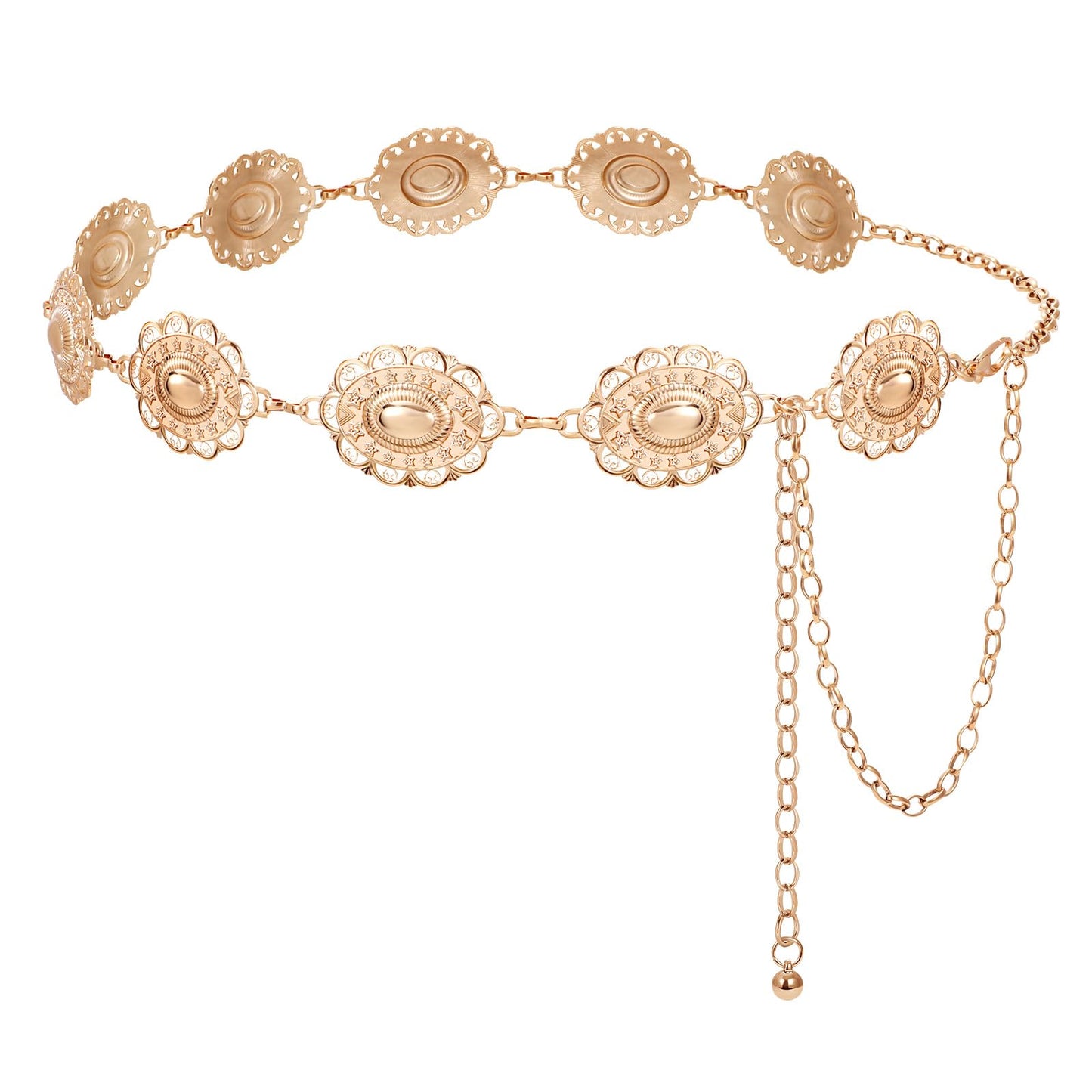 LEACOOLKEY Western Metal Concho Belt for Women Cowgirl Boho Waist Chain Belt for Dresses Jeans Pants