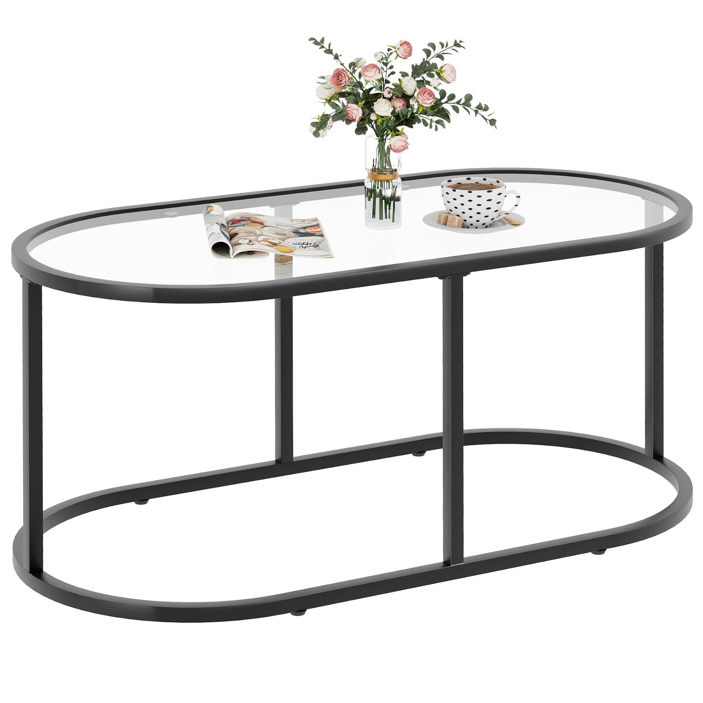 Wolawu Coffee Table Black Glass Coffee Tables for Living Room, Oval Table Center Table with Sturdy Metal Frame,Modern Tempered Glass Accent Tables for Bedroom Home Office