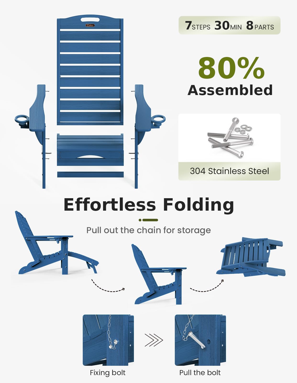 Ciokea Folding Adirondack Chair Set of 2 with Retractable Ottoman Fire Pit Patio Chair with Pull Out Foot Rest Weather Resistant Lawn Outdoor Chair with 2 Cup Holder (Navy Blue)