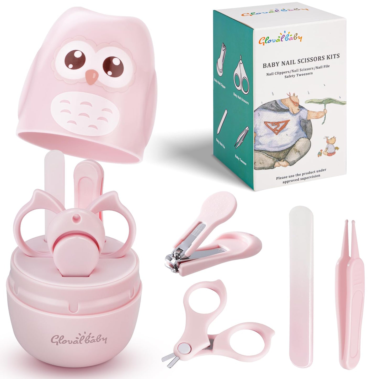 Baby Nail Kit, Baby Manicure Kit and Pedicure with Cute Owl Shape Case. Baby Nail Clipper, Scissor, Nail File & Tweezer for Newborn, Infant & Toddler, Mothers Day(Pink)
