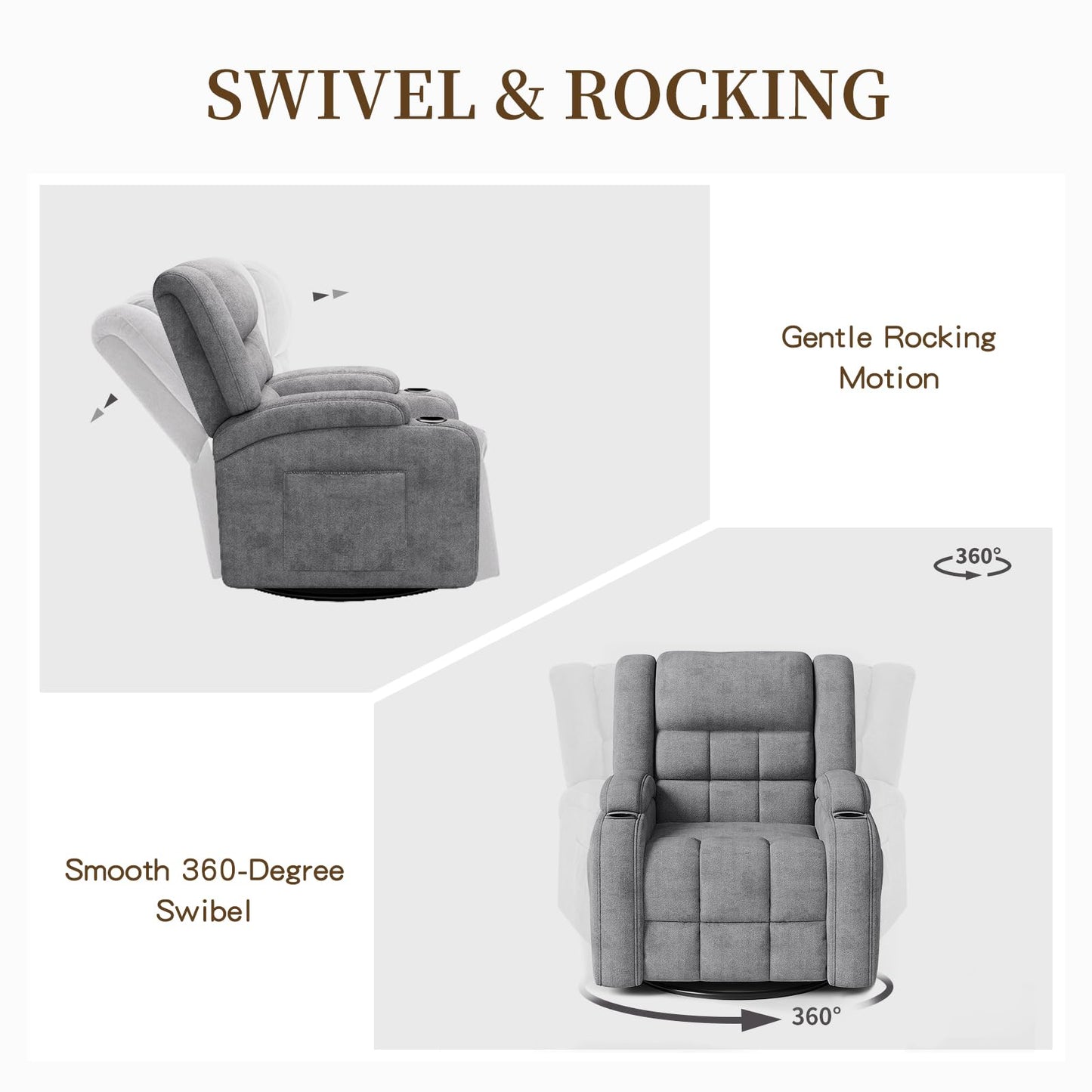 Furnimart 360° Swivel Rocker Recliner with Heat and Massage, Manual Comfy Recliner Chair for Adult, Chenille Glider Rocker Chaise Lounge for Living Room, Bedroom, Home Theater (Gray)