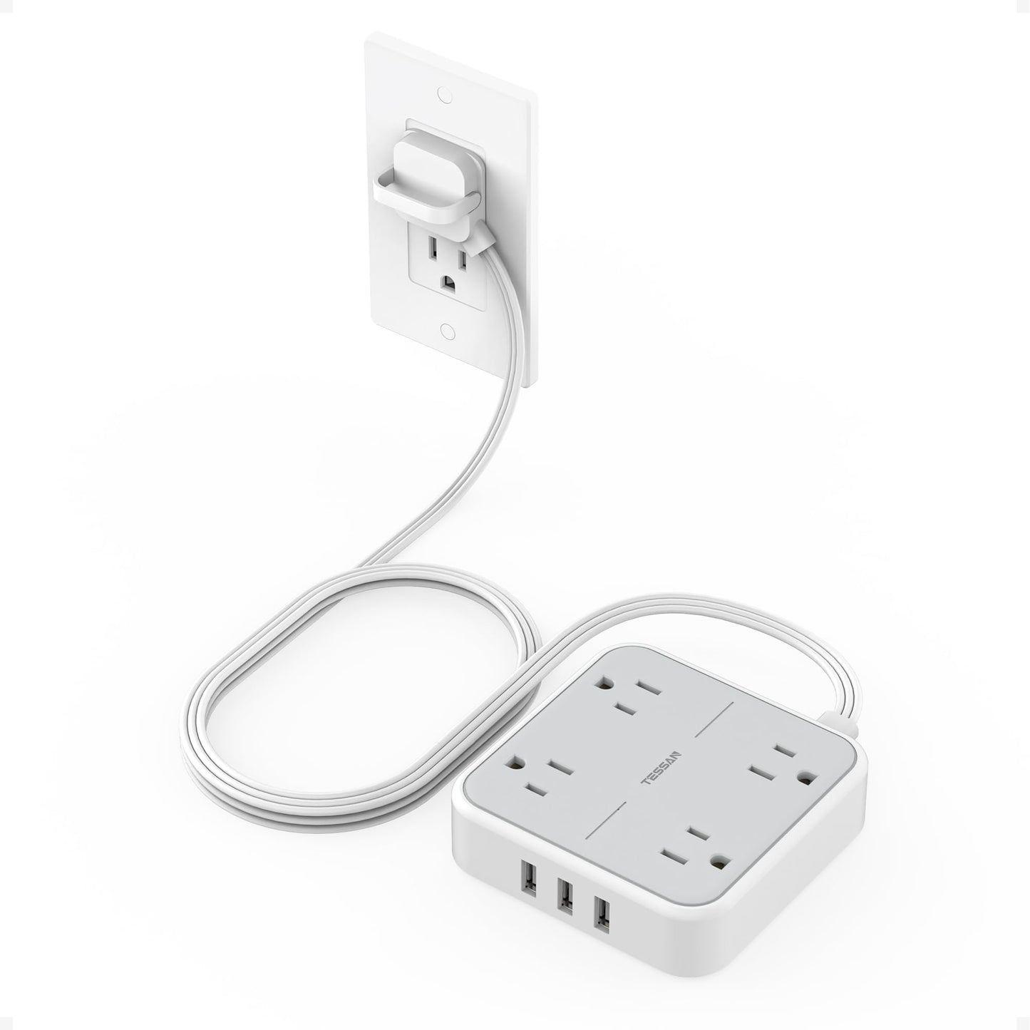Surge Protector Power Strip, TESSAN Ring Pull Flat Plug Extension Cord 10 Ft with 3 USB (1 USB C) 4 Outlets, 900 Joules Protection, Desktop Charging Station for Home, Office, College, Dorm Room, Gray