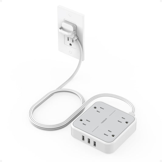 Surge Protector Power Strip, TESSAN Ring Pull Flat Plug Extension Cord 10 Ft with 3 USB (1 USB C) 4 Outlets, 900 Joules Protection, Desktop Charging Station for Home, Office, College, Dorm Room, Gray