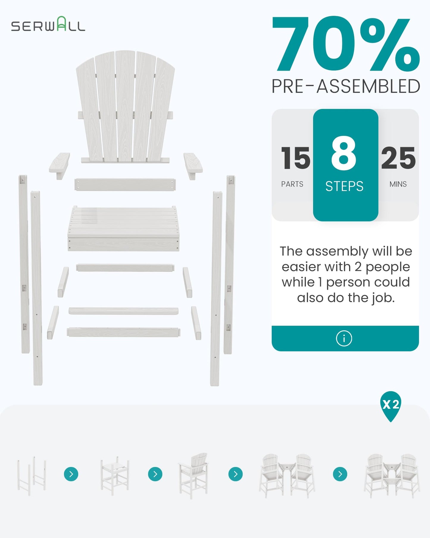 SERWALL Tall Adirondack Chairs Set of 2 with Double Layer Connecting Tray, HDPE Bar Height Outdoor Chairs, Wood-Like Adirondack Bar Stools for Patio, Balcony, Porch, White