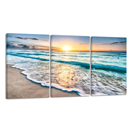 Wieco Art 3 Panels Blue Beach Sunrise White Wave Pictures on Canvas Wall Art Modern Stretched Seascape Canvas Prints Seaview Artwork for Home Office Decorations