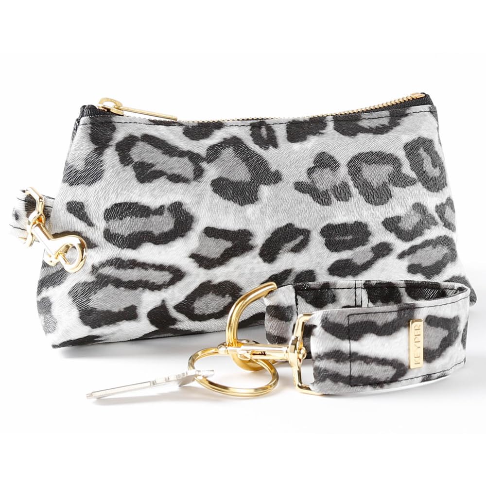 KEYPER 2-Piece Luxe Wristlet Set (IT Bag and a Key Ring Bracelet) PU Vegan Leather Classic Clutch Purse (Snow Leopard Gold)