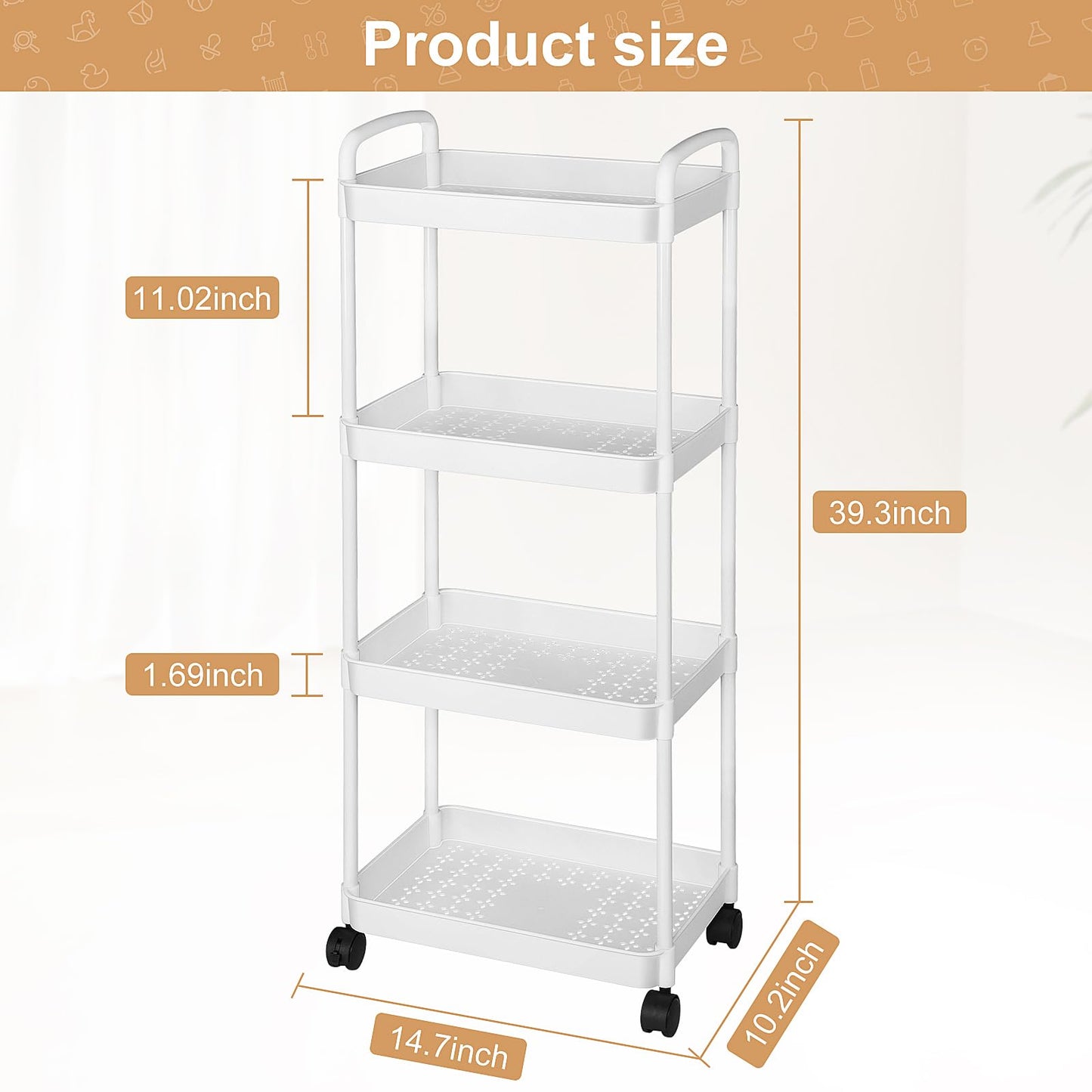 Barydat Baby Diaper Caddy Organizer, Rolling Plastic Movable Diaper Cart Essentials Baby Diapers Storage Organizer Newborn Nursery Essentials for Changing Tables, Crib, Wipes