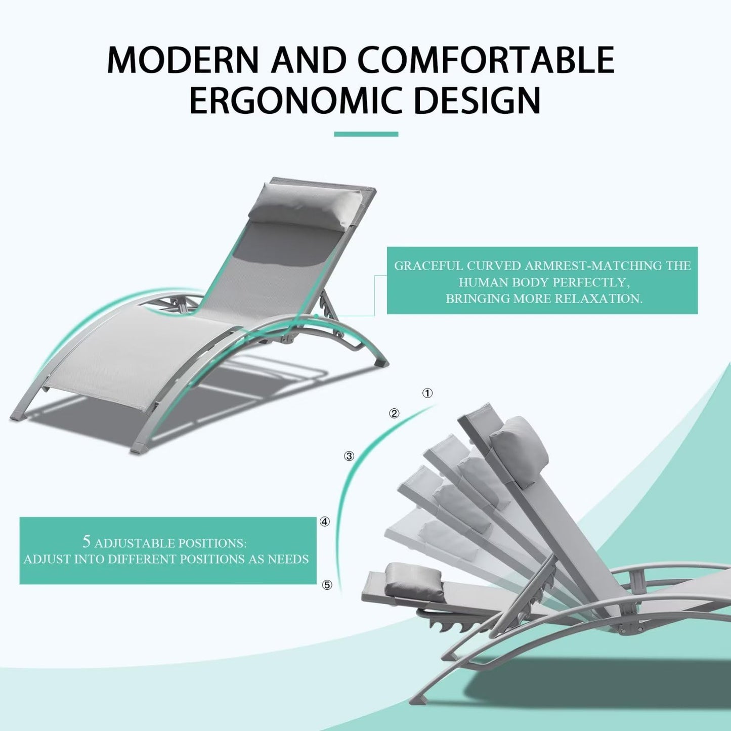 Domi Pool Lounge Chairs Set of 2, Adjustable Aluminum Outdoor Chaise Lounge Chairs, All Weather for Deck Lawn Poolside Backyard -Grey Textilene