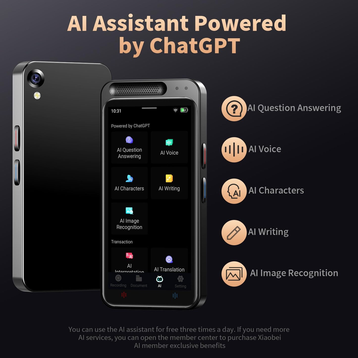 AI Voice Recorder, Digital Voice Recorder with Transcription & Summarize & Translation, 80GB Voice to Text Meeting Recorder and Transcriber, Support 134 Languages, AI Recorder Device for Lectures