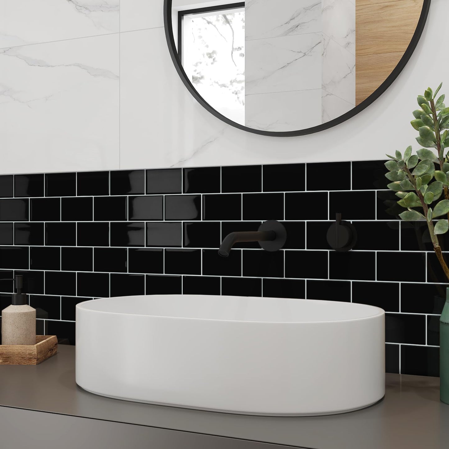 Tiwoos Thick Black Peel and Stick Subway Tile Backsplash Self Adhesive for Kitchen Bathroom Wall (10-Sheet, 12"×12")