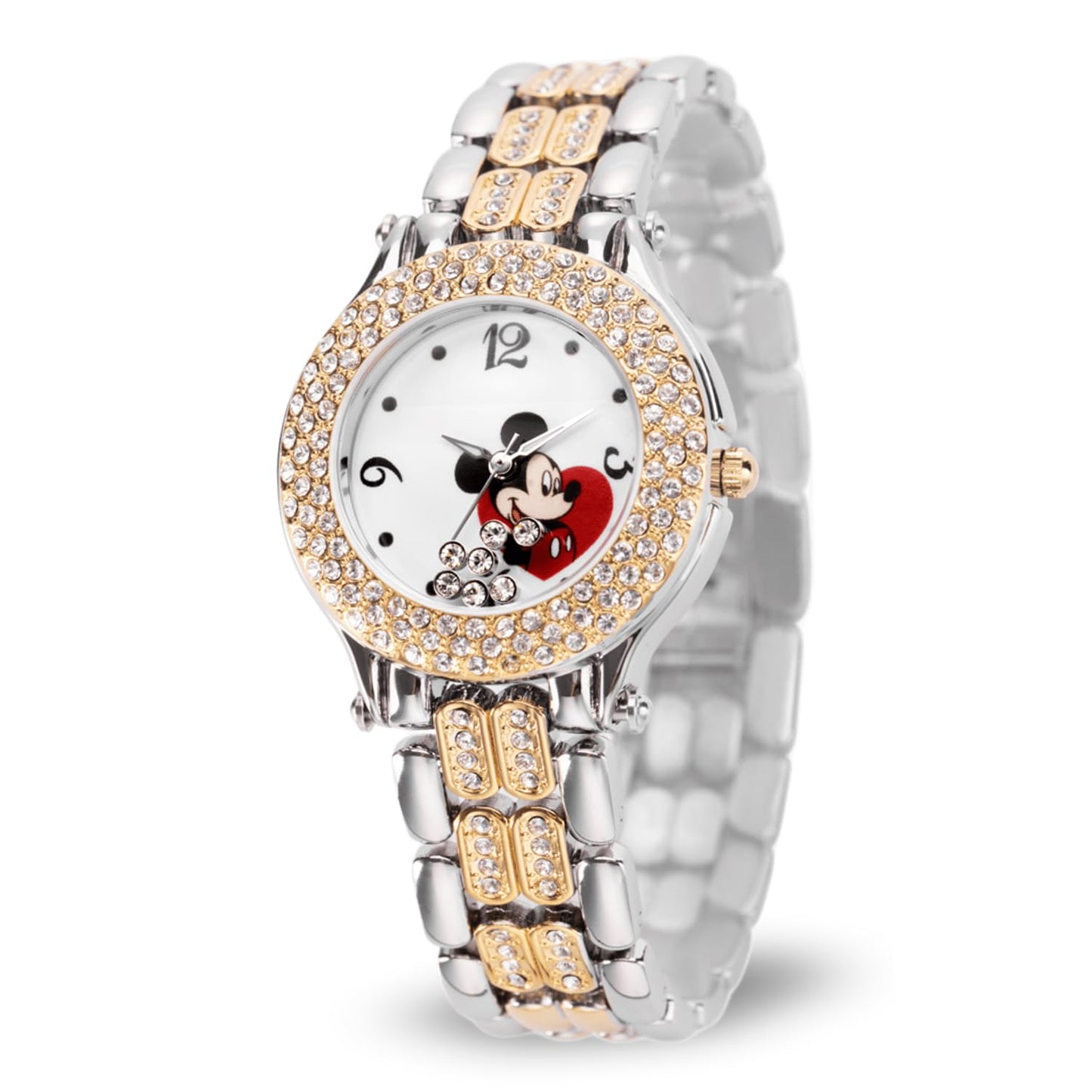 DISNEY Mickey Mouse Watch – Stylish & Fun Mickey Mouse Watches for Women – Classic Inspired Timepiece – Women's Watch with White Dial & Floating Stones, Multicolor Stainless Steel Strap
