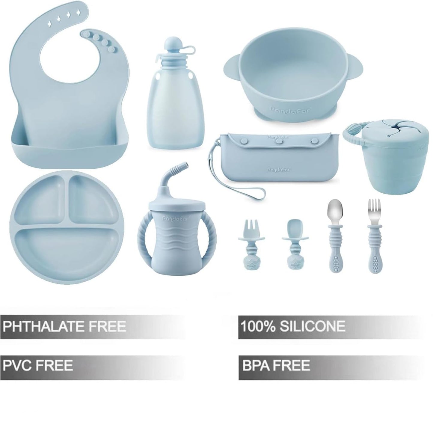 PandaEar Silicone Baby Feeding Set | 11PCS Baby Led Weaning Supplies Self Feeding Utensils | Divided Suction Plate Bowl Bibs Sippy Cup with Baby Food Pouch Snack Container Spoons Forks, Blue