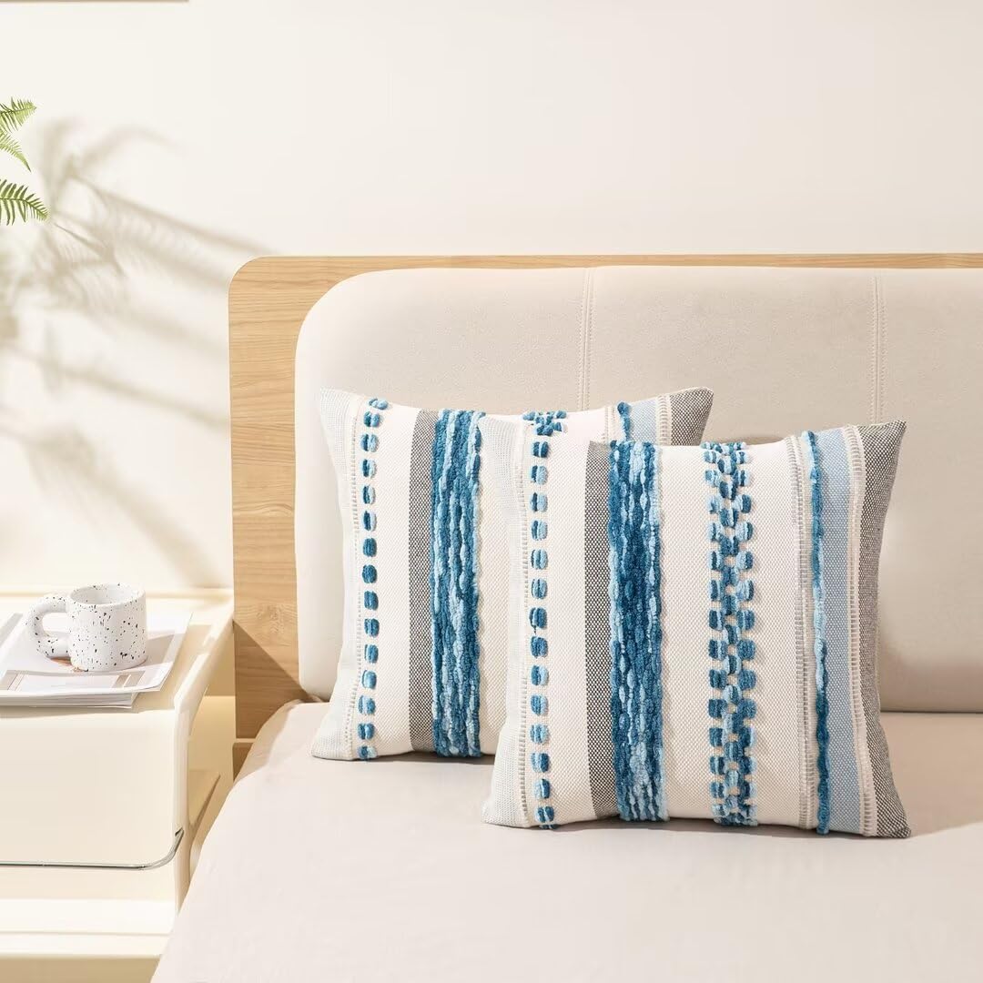 WANLIRD Boho Throw Pillow Covers 18x18 Set of 2 Farmhouse Decorative Cushion Case Striped Square Pillows Cover Chenille Pillow Cases Accent Neutral Pillowcase for Sofa Couch Bed,Sky Blue