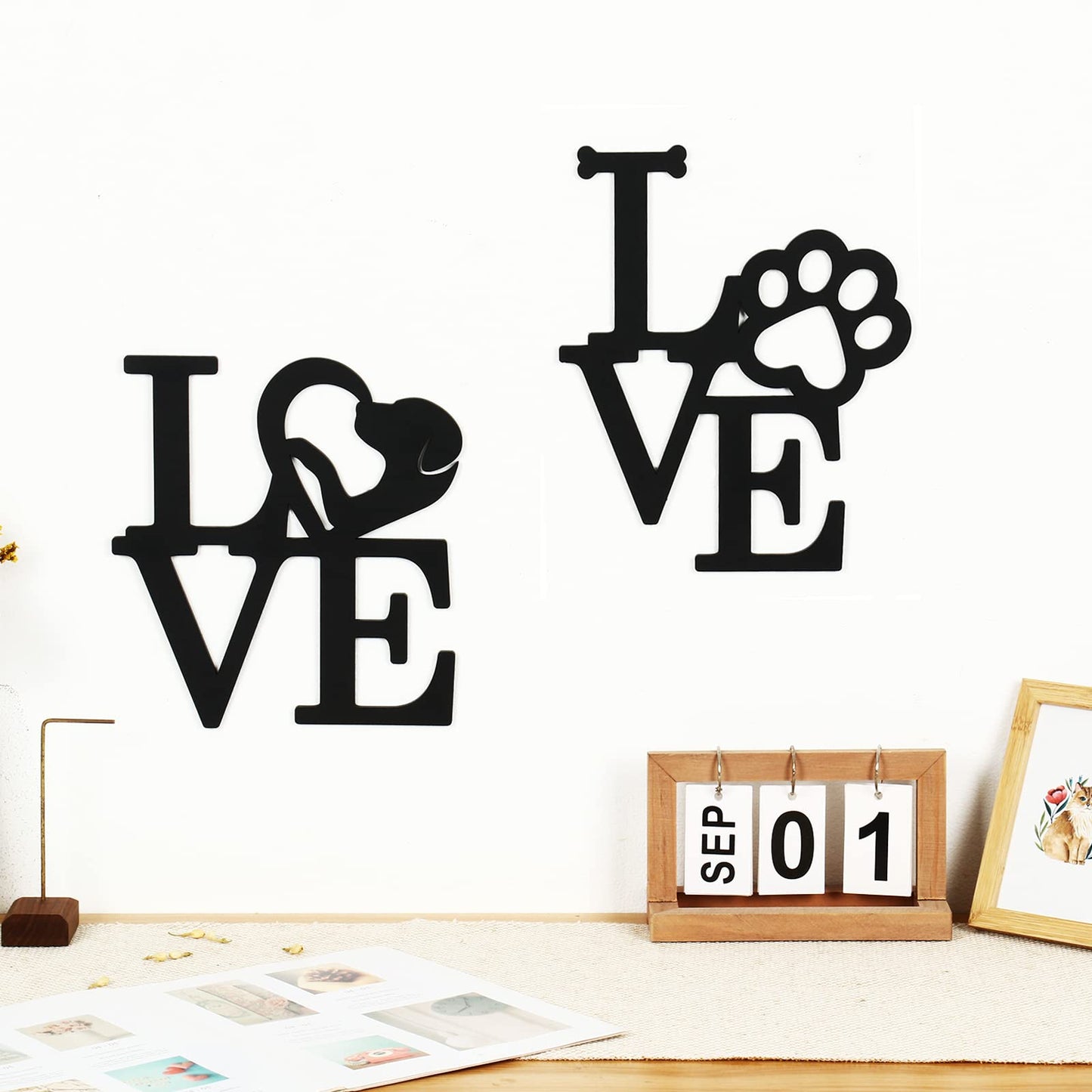 KOYILTD 2PCS Love with Paw Print and love Wall Decor, Dog Lover Home Decor (Black)