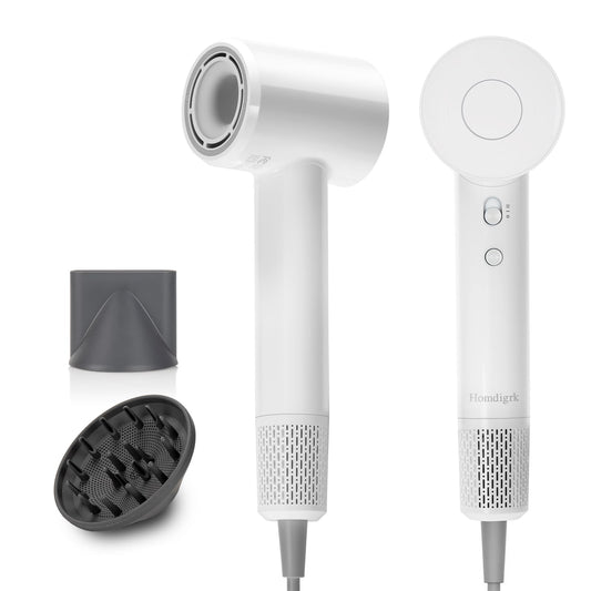 High-Speed Ionic Hair Dryer with Diffuser - 112,000 RPM Brushless Motor for Fast Drying Low Noise 4 Temp&2 Speed Settings 110V Professional Blow Dryer（Light White）