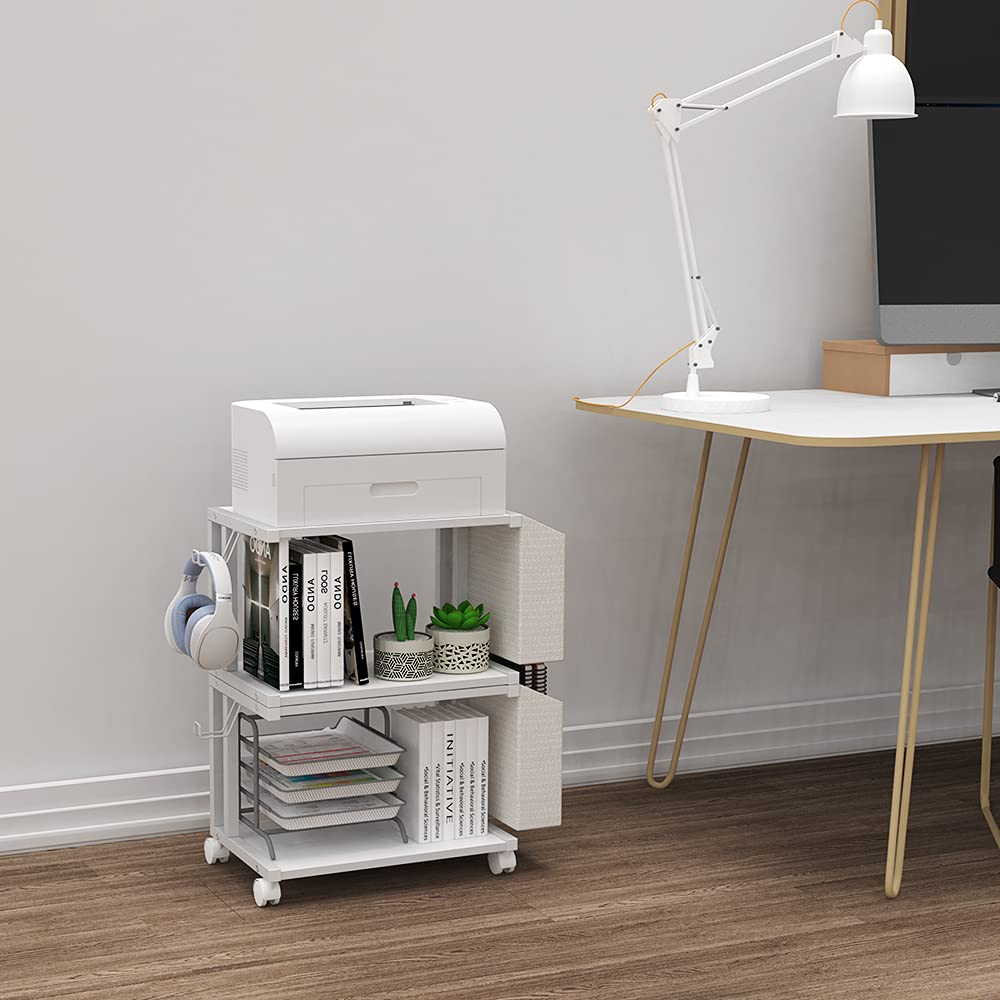 VEDECASA 2 Tier Modern White Wooden Under Desk Printer Stand with Storage Bag for Home Office Desktop Printer Table Organizer Mobile Printer Shelf Cart with Caster Wheel (White)
