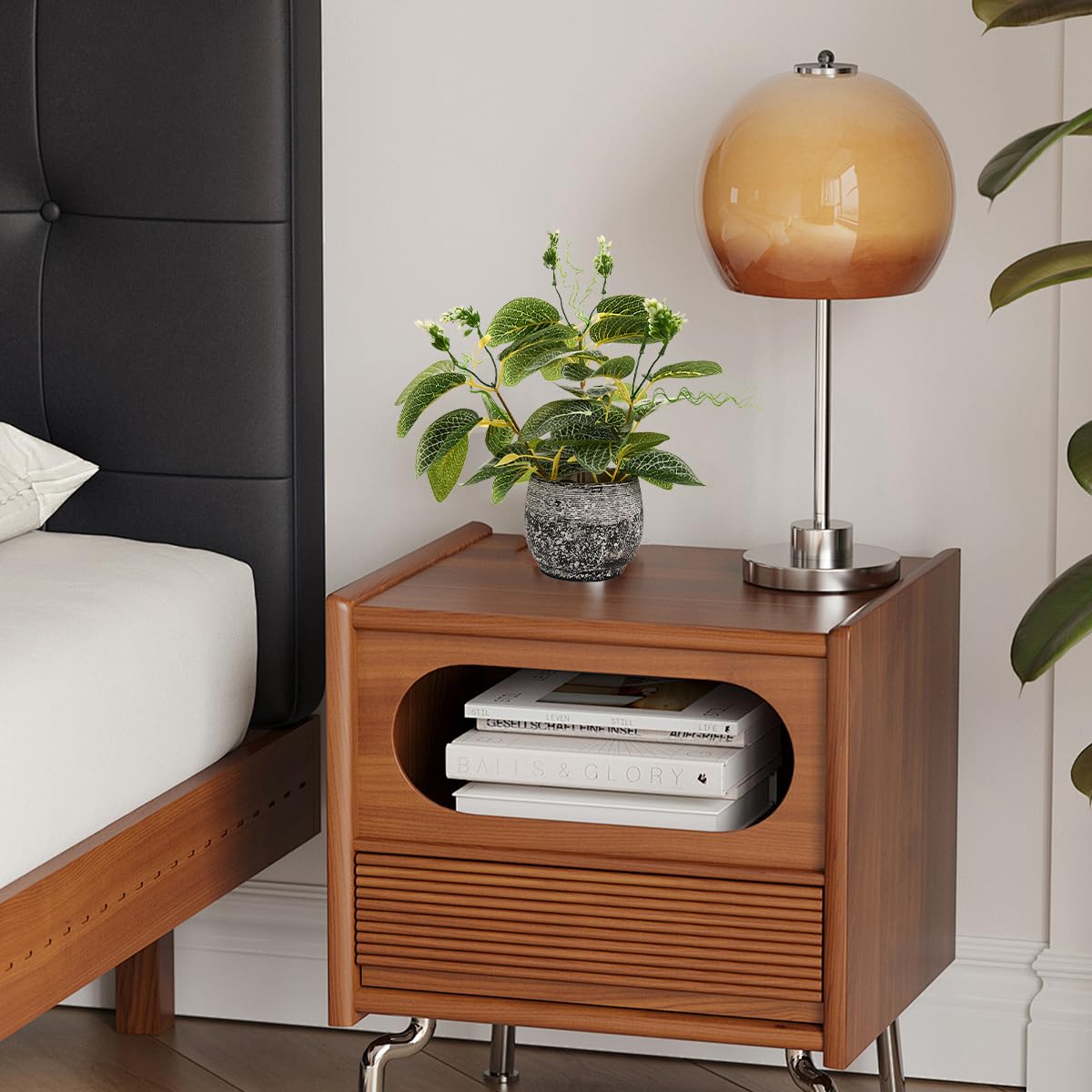 Giftale 12.8'' Fake Plants Greenery Faux White Nerve Plants Artificial Ficus Plant with Rustic Black Cement Planter for Home Living Room Bathroom Decor Indoor & Outdoor Kitchen Office Desk Bookshelf